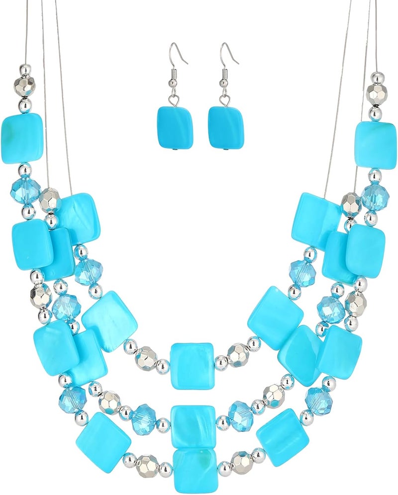 Errally Store Layered Beaded Statement Necklaces for Women Square Shell Bead Collar Necklace and Earring Set Birthday Gifts Boho Jewelry Sets for Women - Image 1